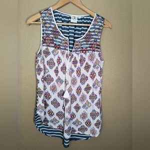 Mixed pattern, embroidered sleeveless blouse